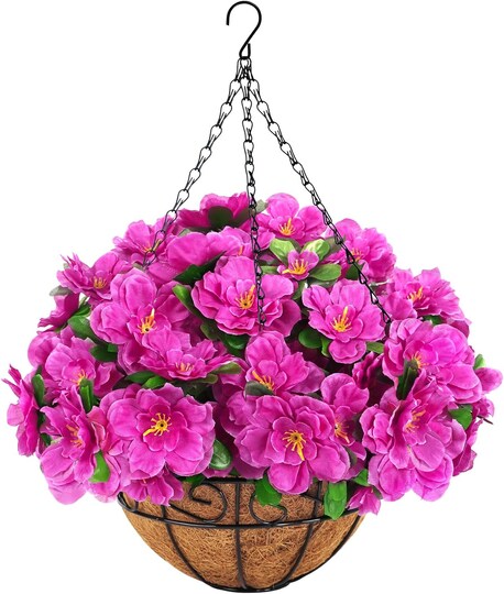 Artificial Hanging Azalea Flowers with Coconut Basket, Silk Faux Hanging Plants for Outdoor Indoor Decor, UV Resistant Fake Flowers for Porch Patio Garden Yard Home Decoration, Fuchsia
